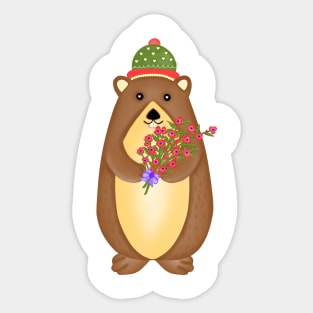 Cute groundhog with flowers bouquet. Sticker